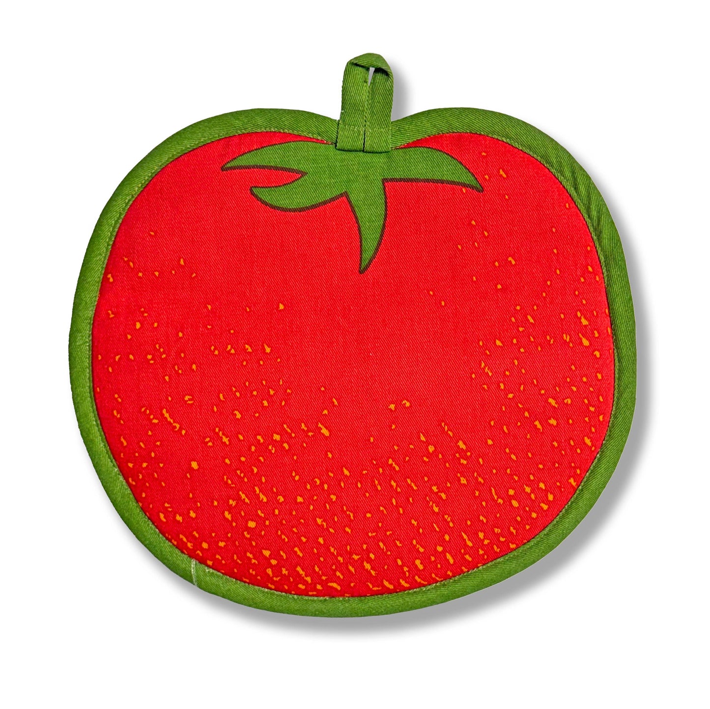 Back side of tomato pot holder. red tomato with green border