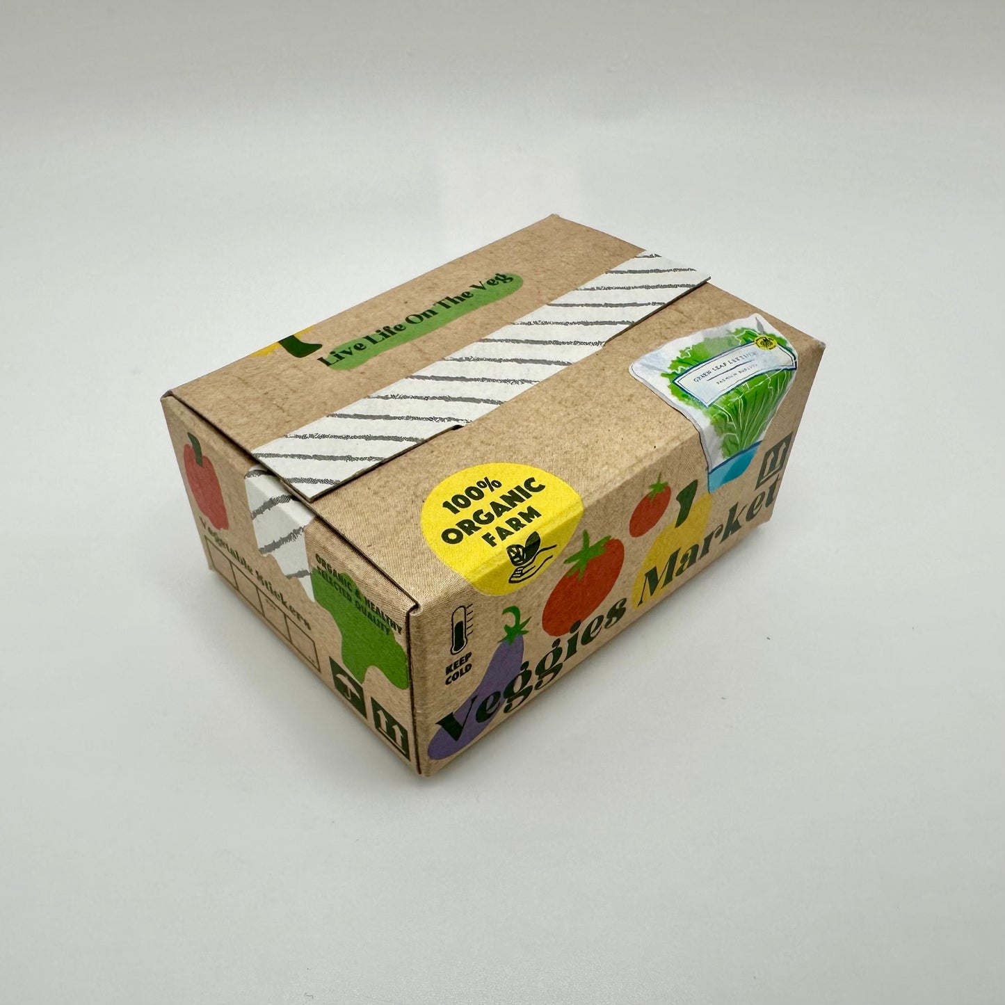 Veggie Market Sticker Box. Text reads: 100% organic farm, veggies market, live life on the veg.