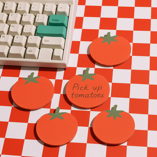Red tomato-shaped ticky notes on a red and white checkered surface next to a keyboard.