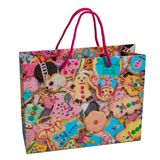 Colorful gift bag with cartoon cookie design on a white background