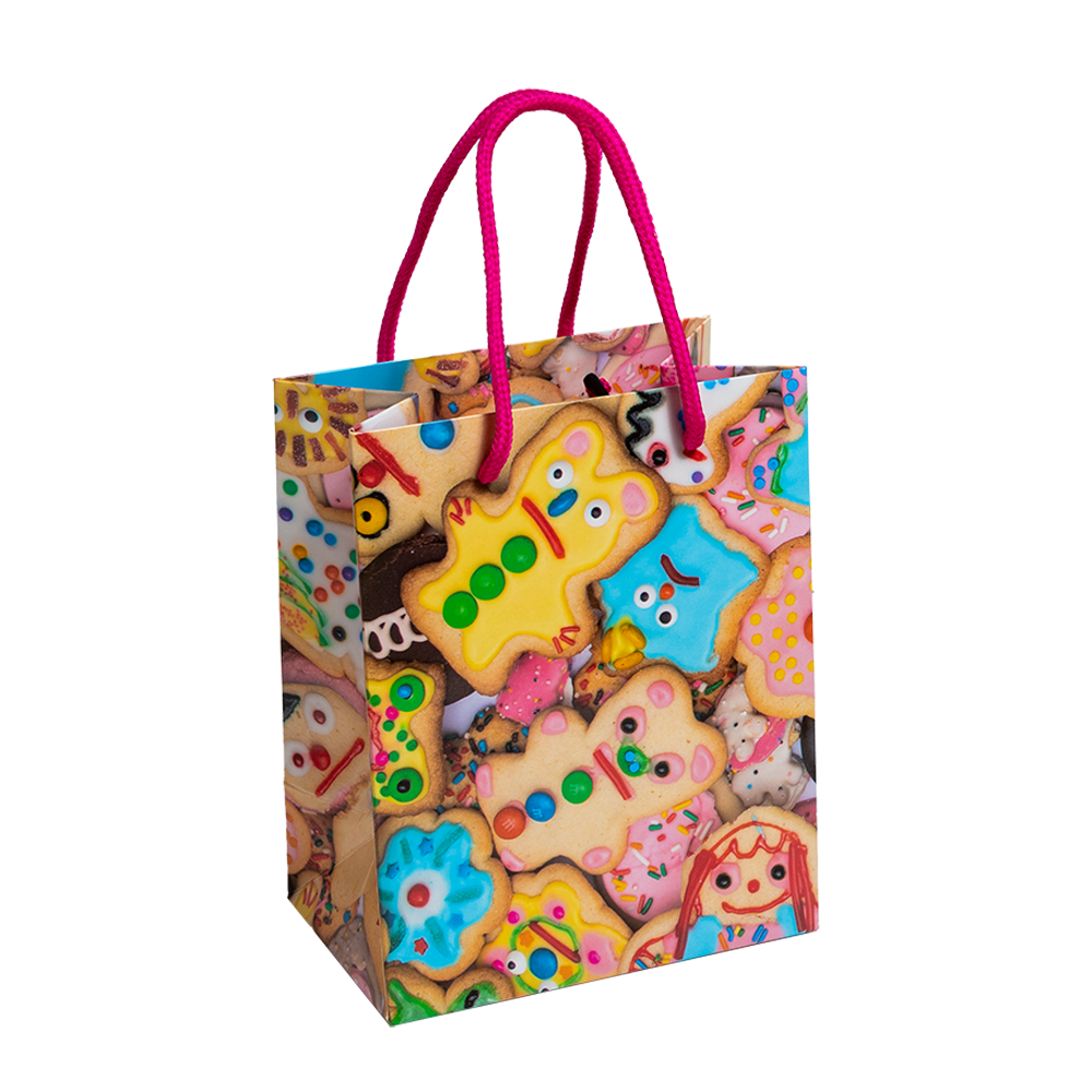 Colorful gift bag with cartoon character design on a white background