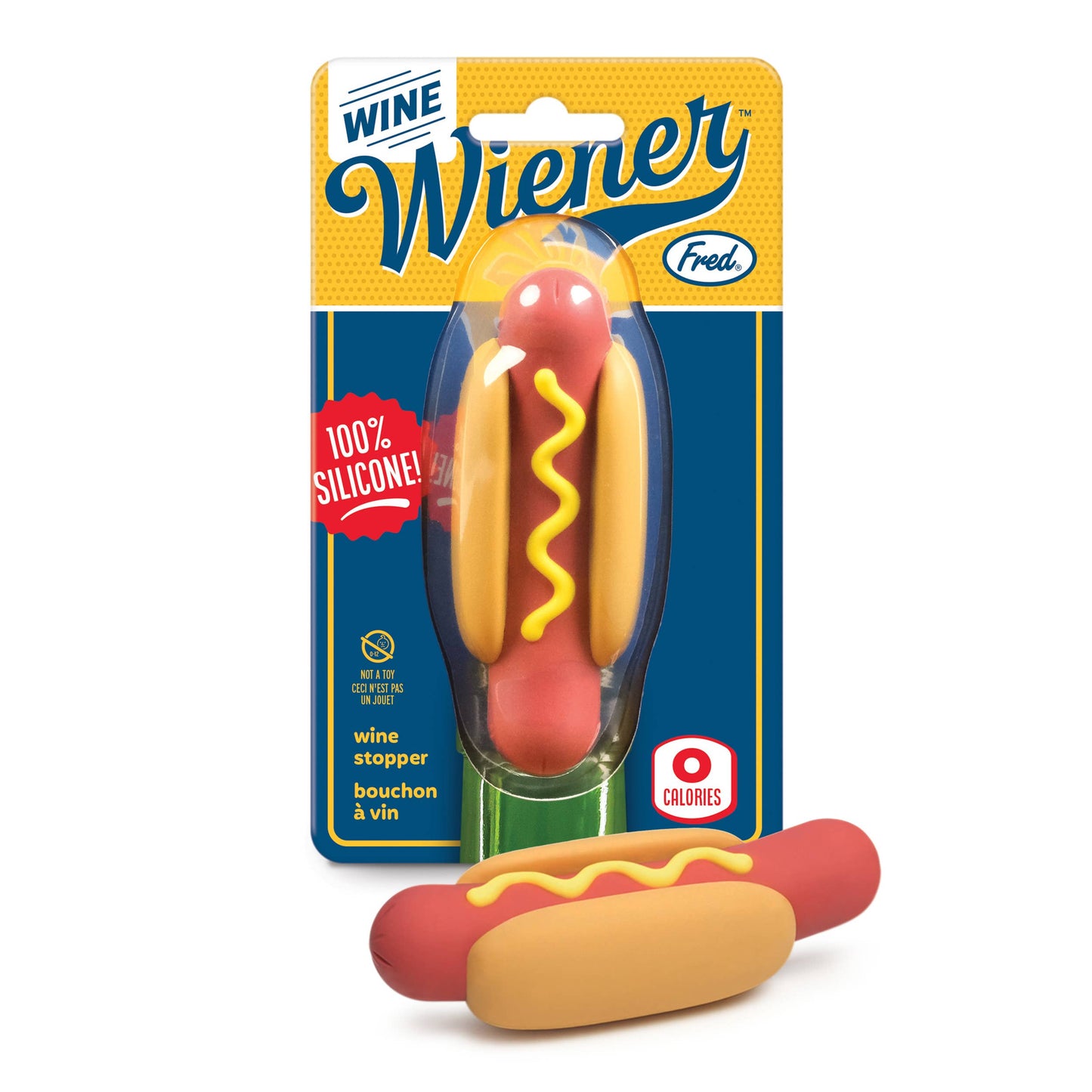Wine wiener. A hot dog wine stopper. Shows the wine weiner as well as one in it's retail packaging.