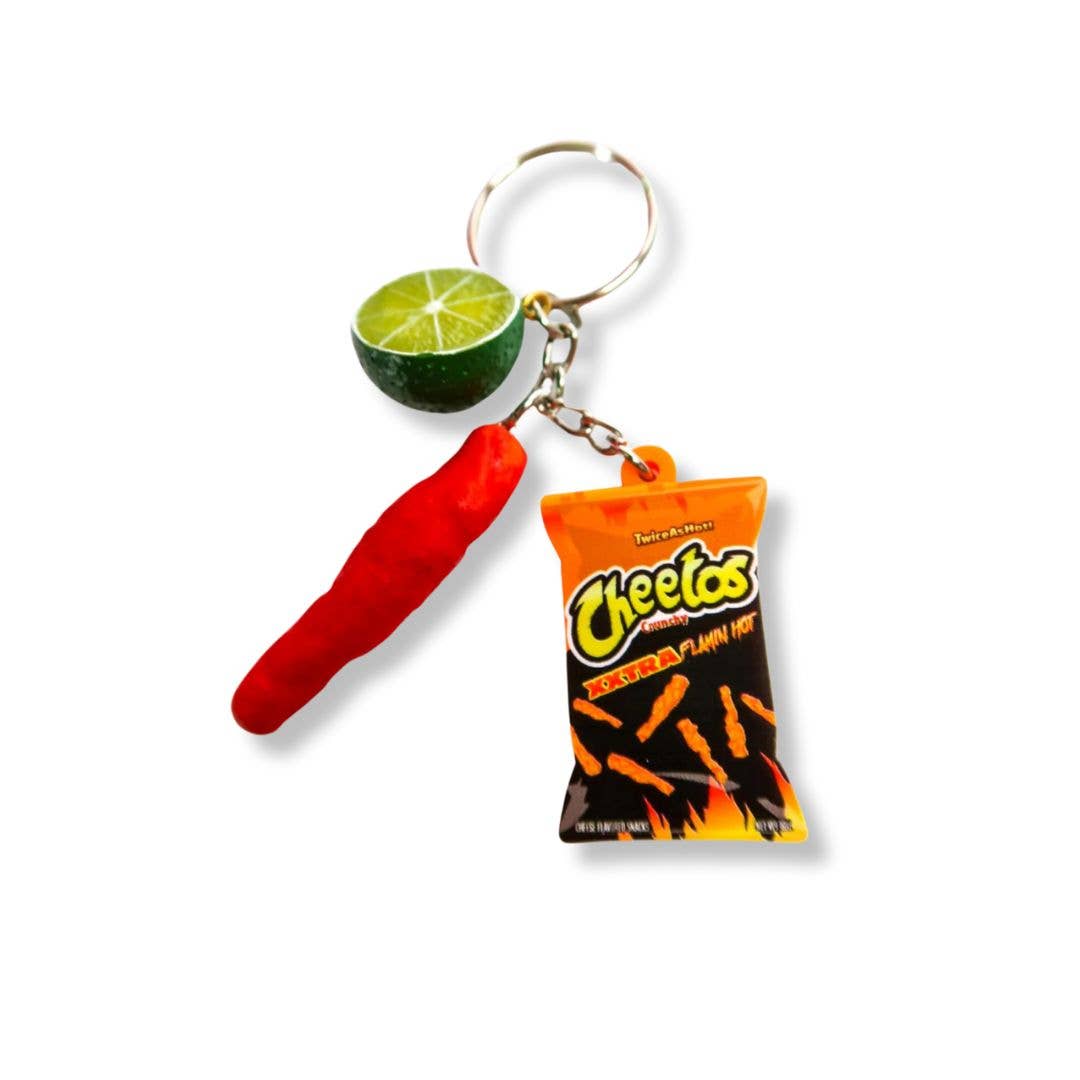 Keychain featuring a sliced lime, single hot cheeto and a bag of hot cheetos on a keyring.
