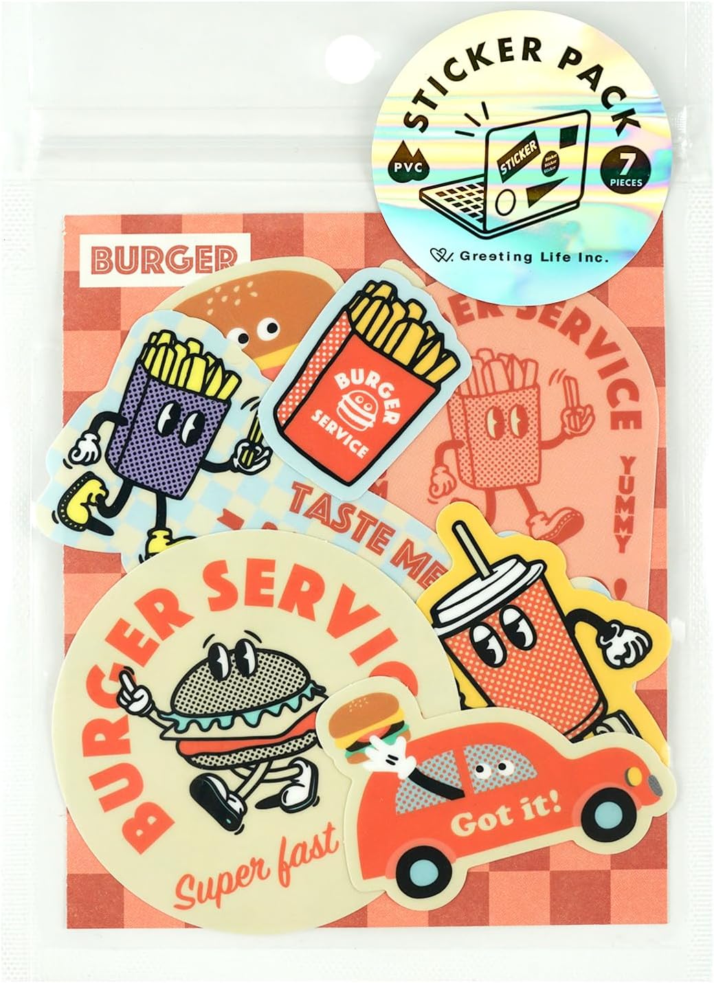 Sticker pack with cartoon illustrations of a burger, fries, and soda. Clear ziplock packaging.