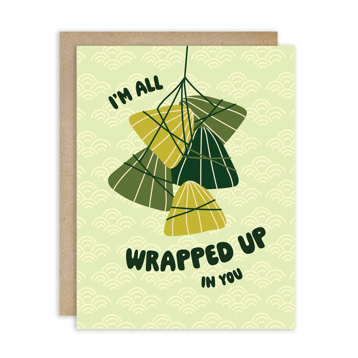 Greeting card with several Zong Zi tied together with text that reads "I'm all wrapped up in you"