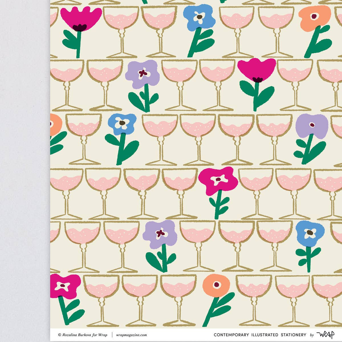 Patterned paper with champagne glasses and flowers on a beige background