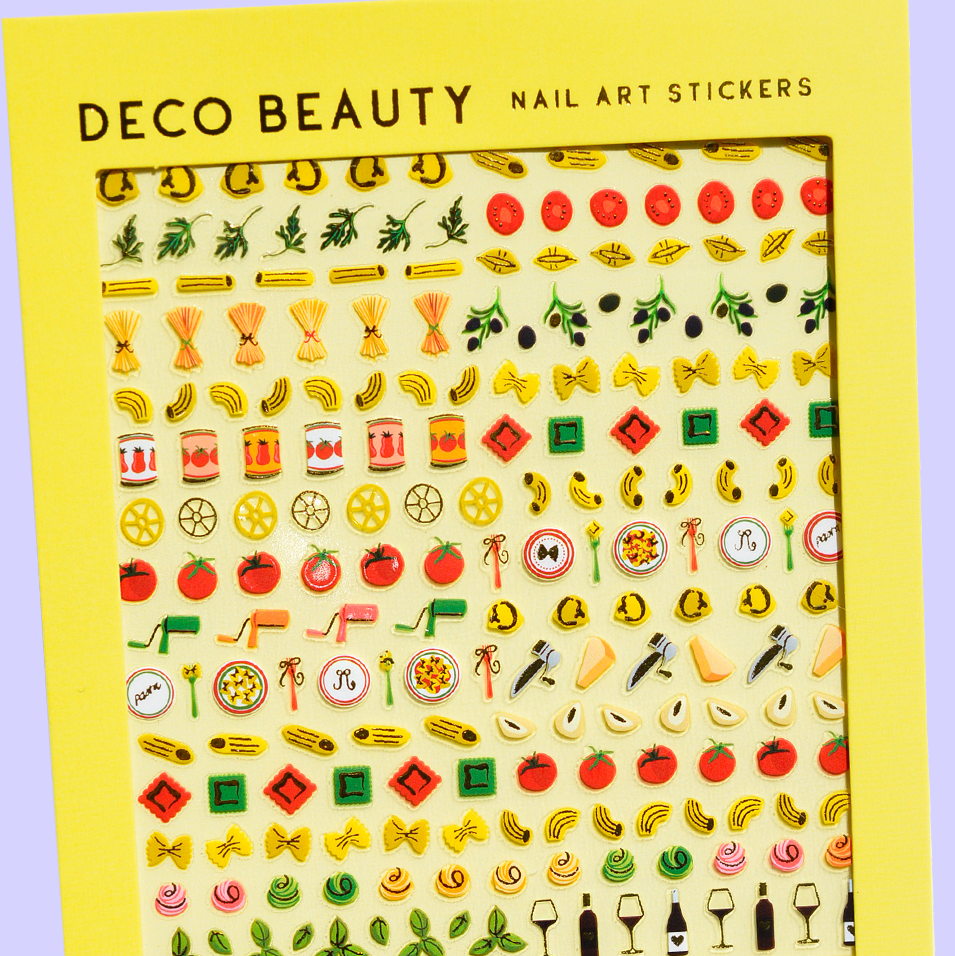 Deco Beauty nail art stickers packaging with various pasta themed designs on a yellow background