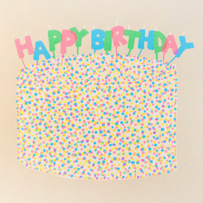 greeting card with a cake covered in round confetti sprinkles and candles on top that read "HAPPY BIRTHDAY"