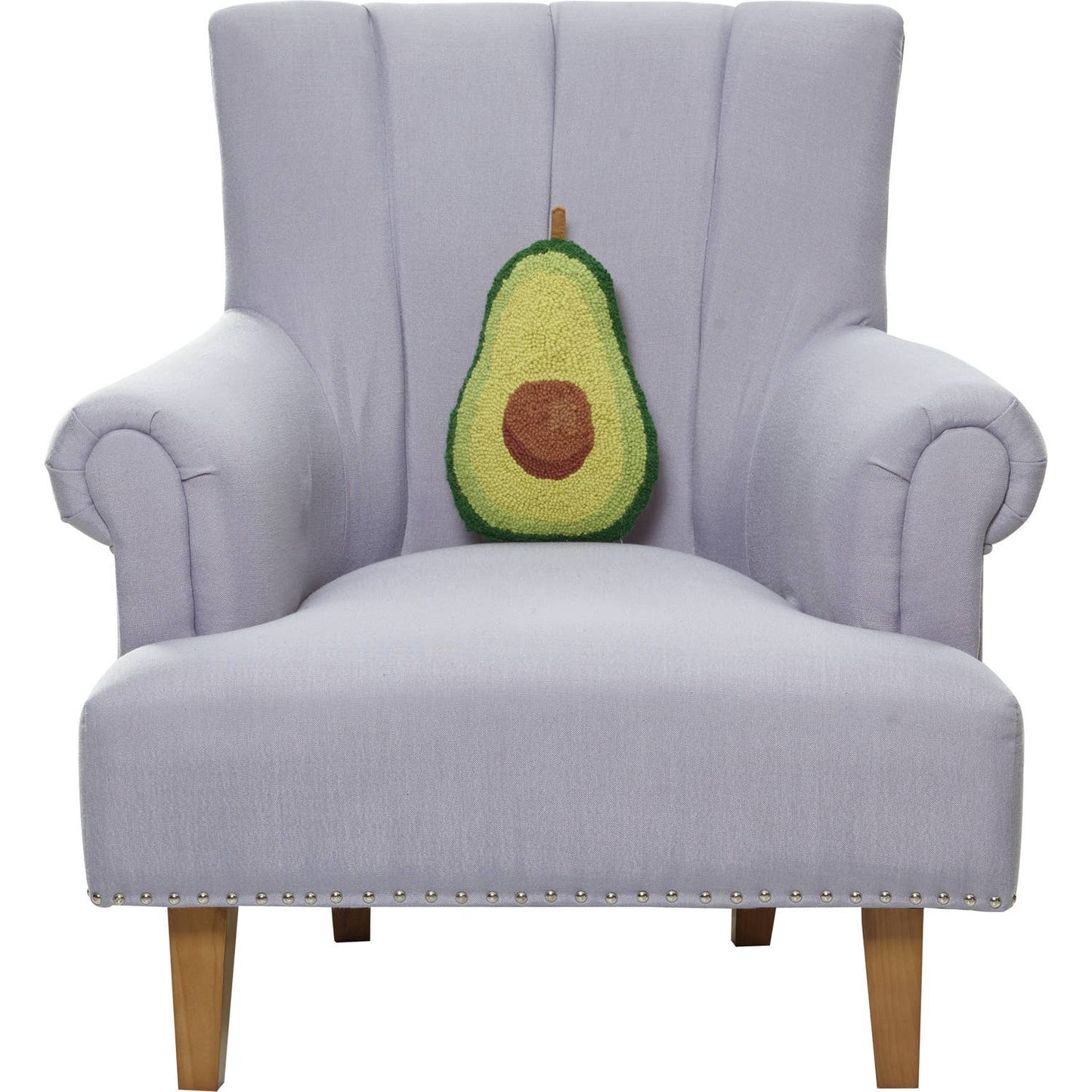 Gray armchair with an avocado-shaped pillow on a white background