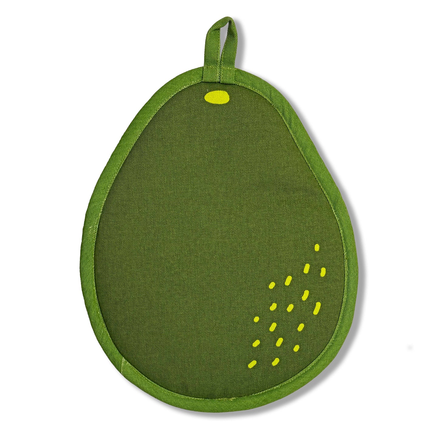 Green pot holder with yellow accents on a white background