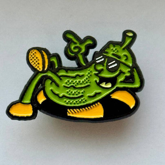 Green and yellow pickle cartoonish character on a white background