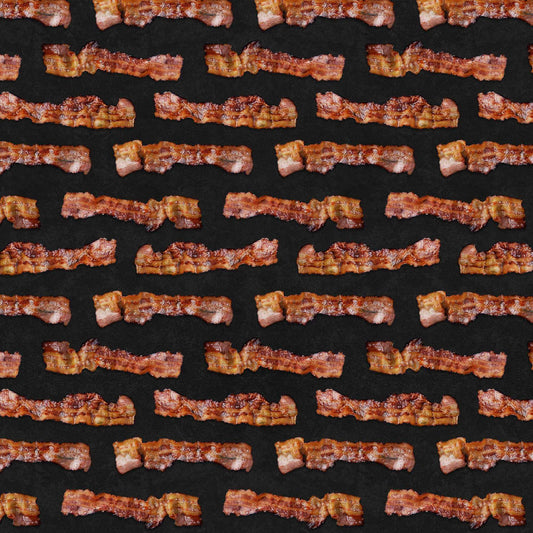 Bacon patterned gift wrap. Bacon is a real image of sizzled, cooked bacon.