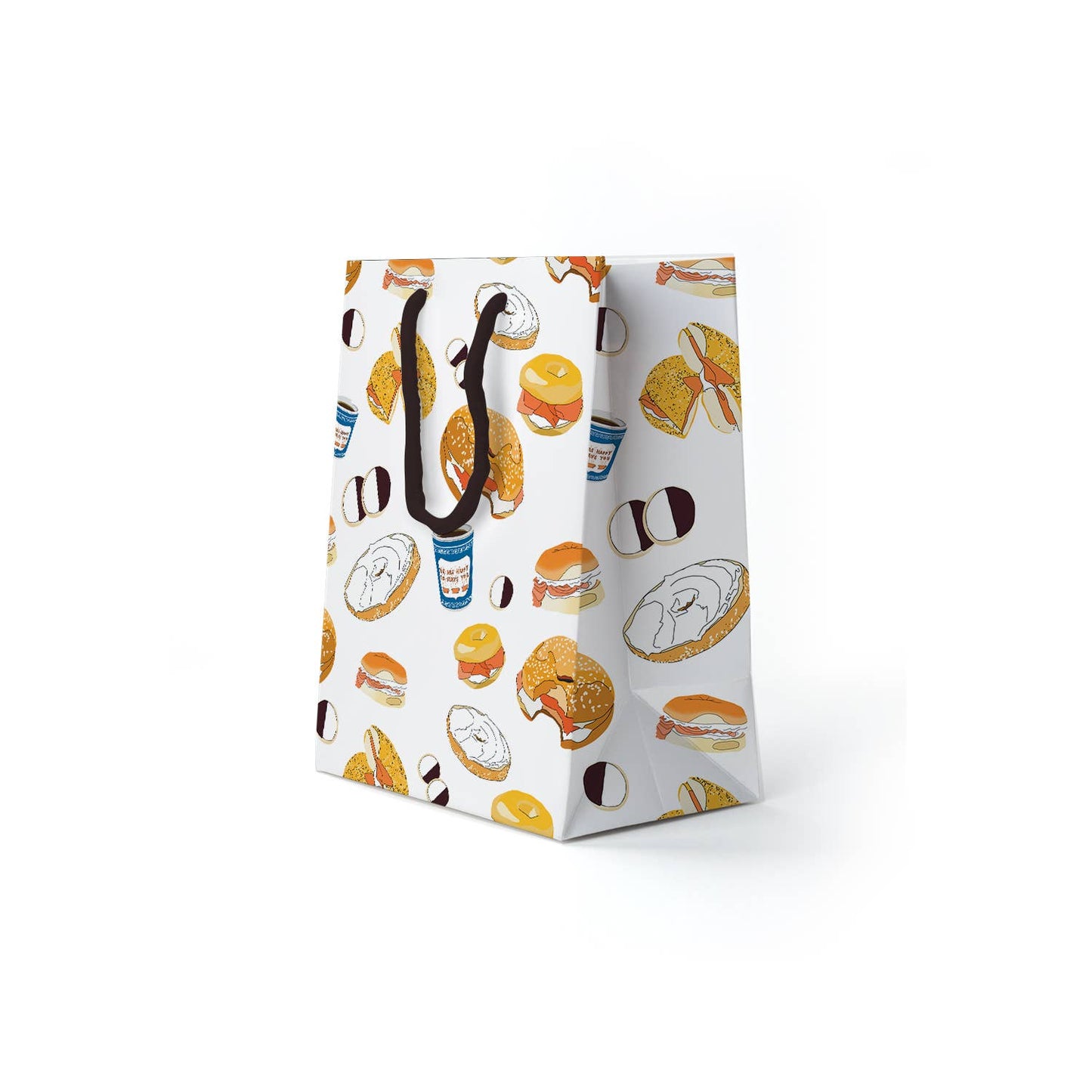 Gift bag with black rope handles and designed with various illustrations of black & white cookies, coffee in a blue paper cup, bagels with schmear or lox