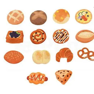 Illustrations of various bread and pastry items on a white background