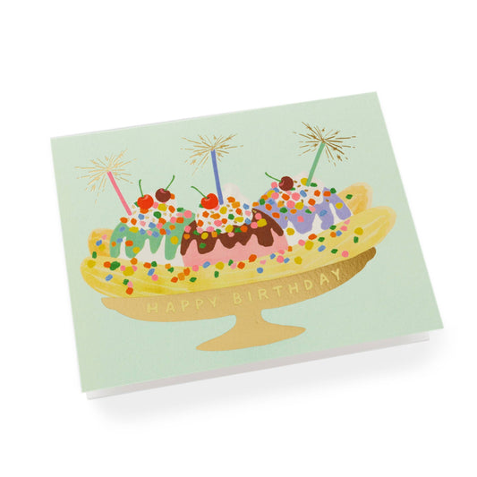Banana split card -- banana split with whipped cream, cherries, candles and sprinkles
