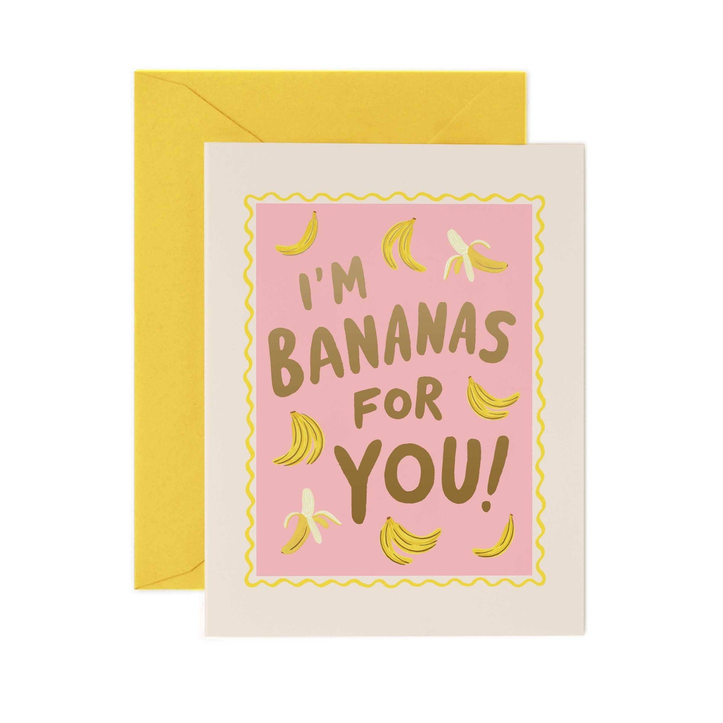 Greeting card with 'I'm Bananas for You!' text and banana illustrations on a pink background, with a yellow envelope.