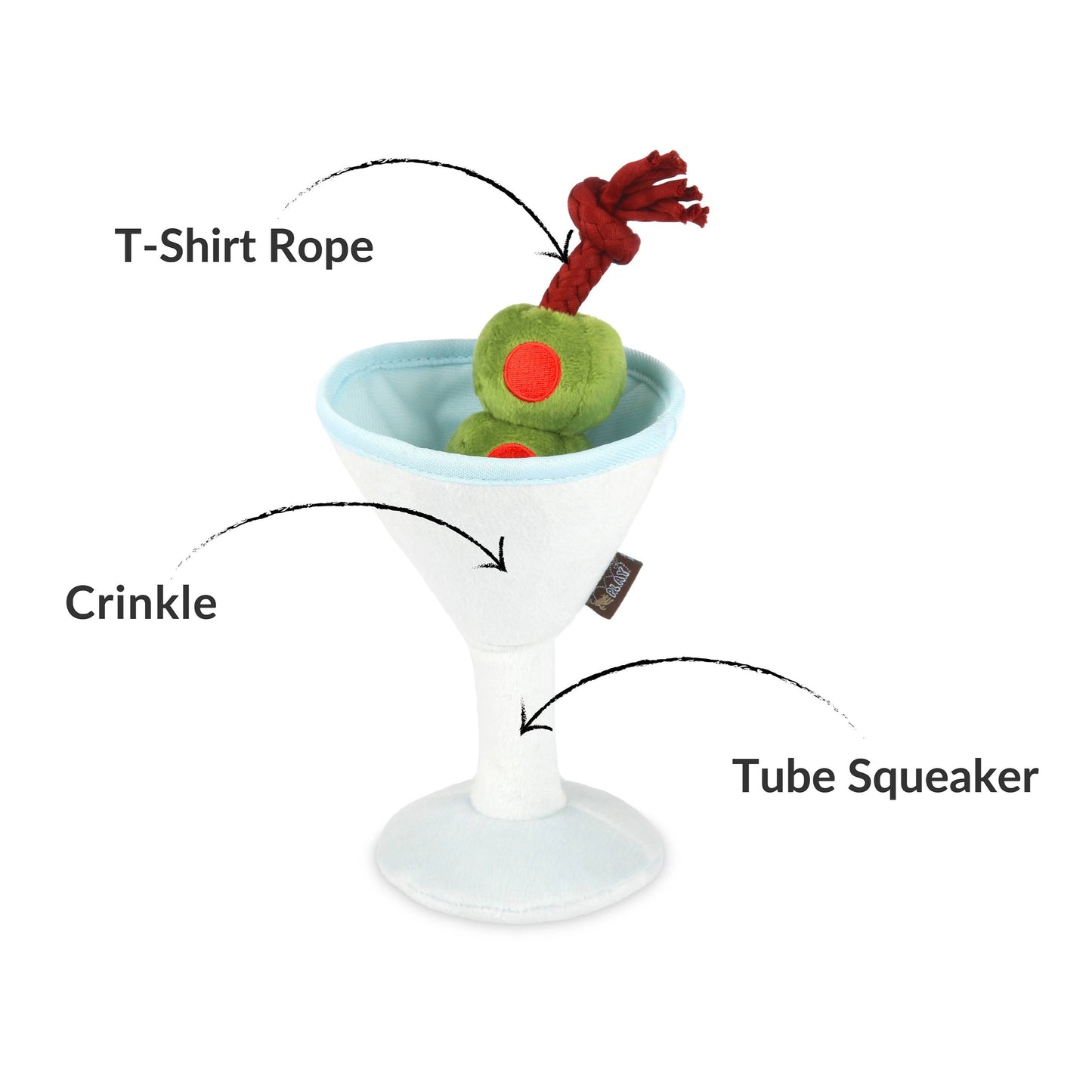 Diagram of a dog toy with labeled parts on a white background