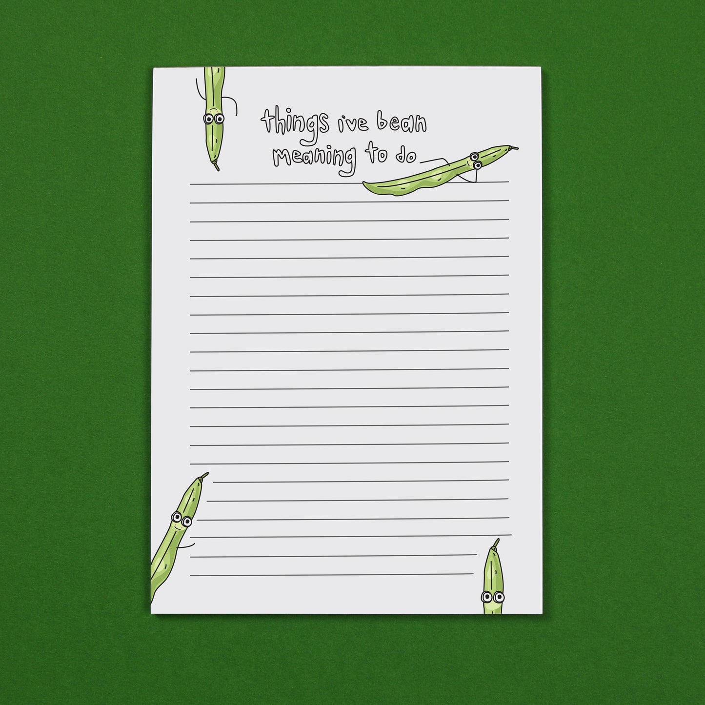 green bean themed lined notepad. Text up top reads "things i've bean meaning to do"