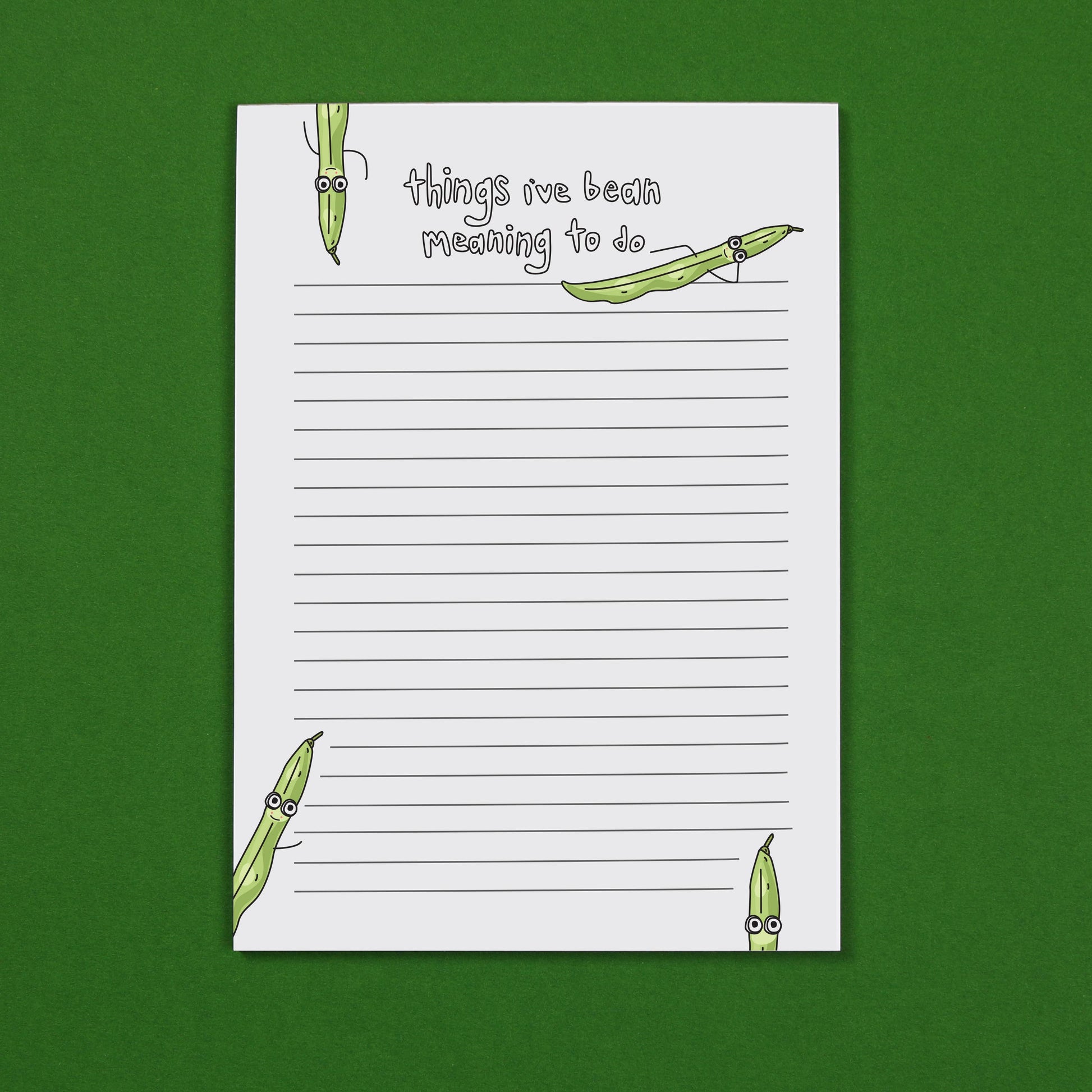 green bean themed lined notepad. Text up top reads "things i've bean meaning to do"