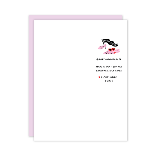 Greeting card with text and a small illustration of sunglasses on a white background
