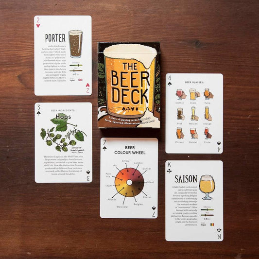 beer themed deck of cards with various beer info and how-to's on each card