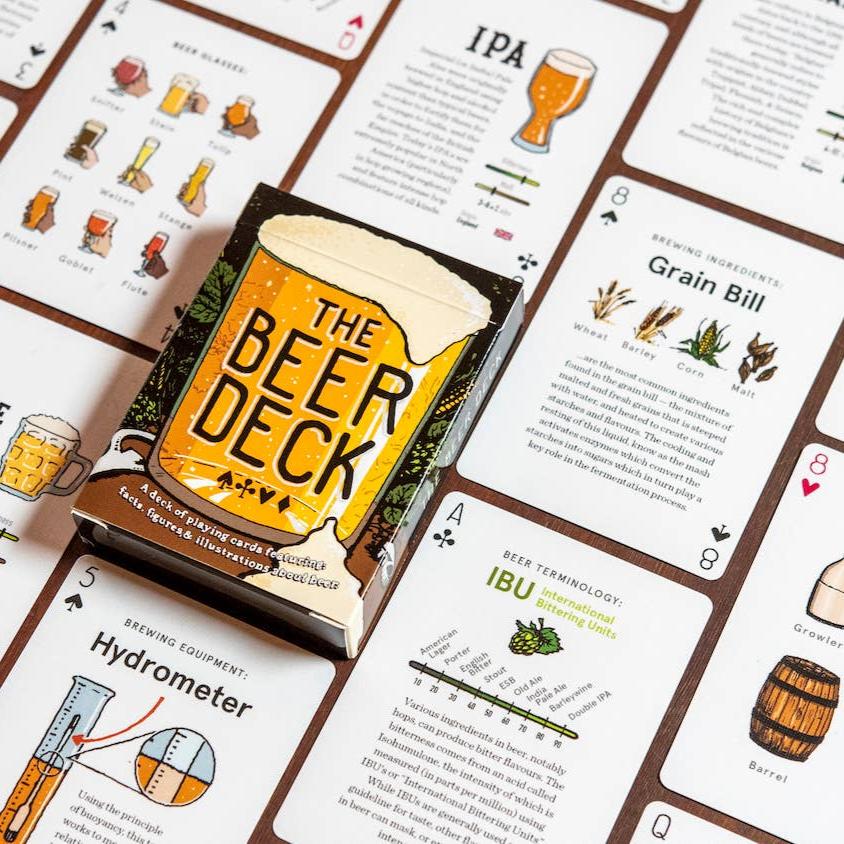 beer themed deck of cards with various beer info and how-to's on each card