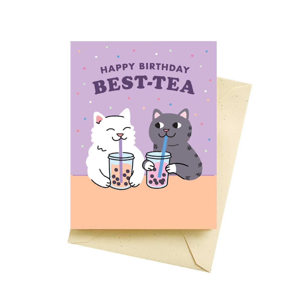 Birthday card with two cats drinking bubble tea and 'Happy Birthday Best-Tea' text on a purple background.
