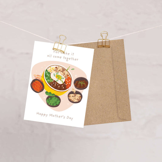 Mother's Day card with food illustration and text on a beige background