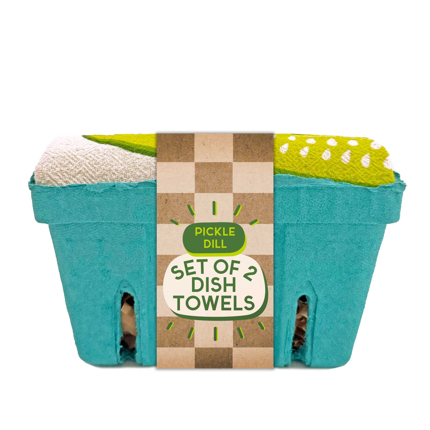 Set of dish towels in a blue produce container with a checkered label.