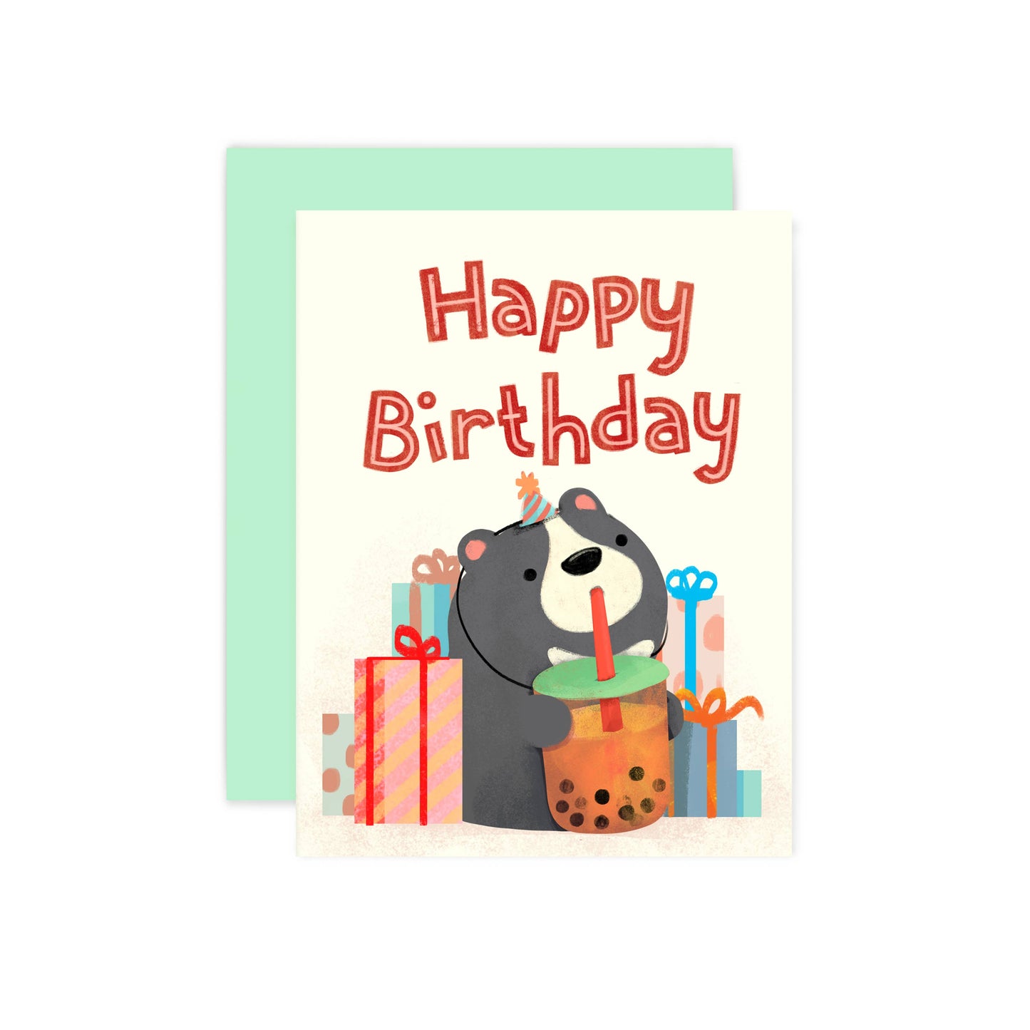 Birthday card with a bear holding a bubble tea and sitting in front of gift boxes on a white background