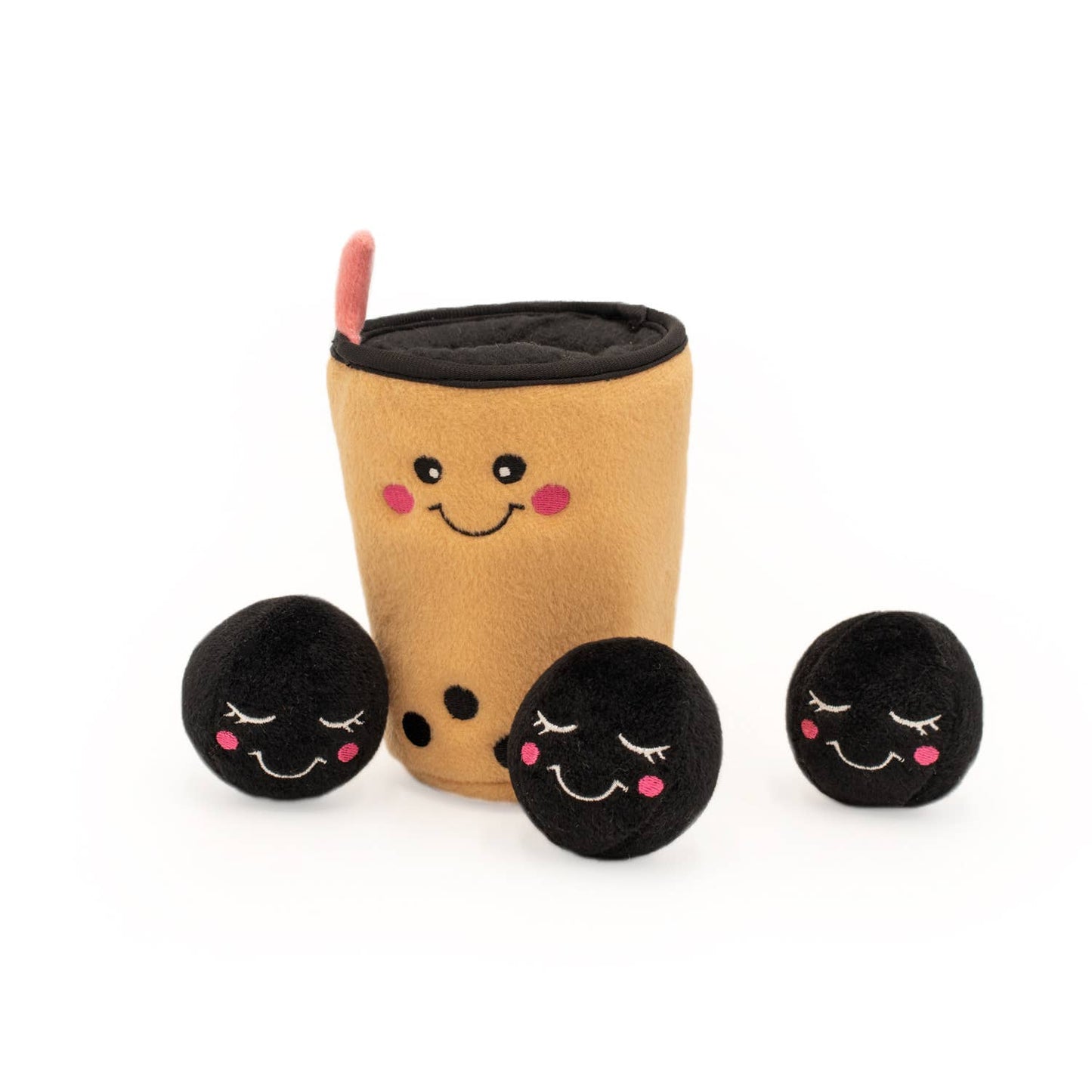 Plush boba cup and black tapioca balls with smiling faces on a white background