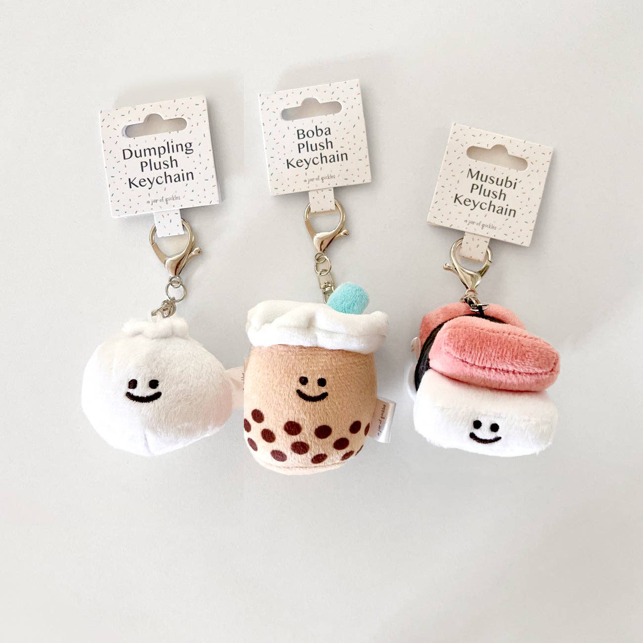 bao dumpling, boba and spam musubi plush keychains