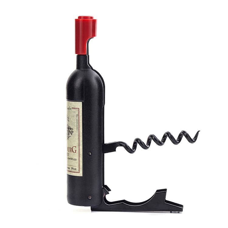 Wine bottle with a built-in corkscrew on a white background