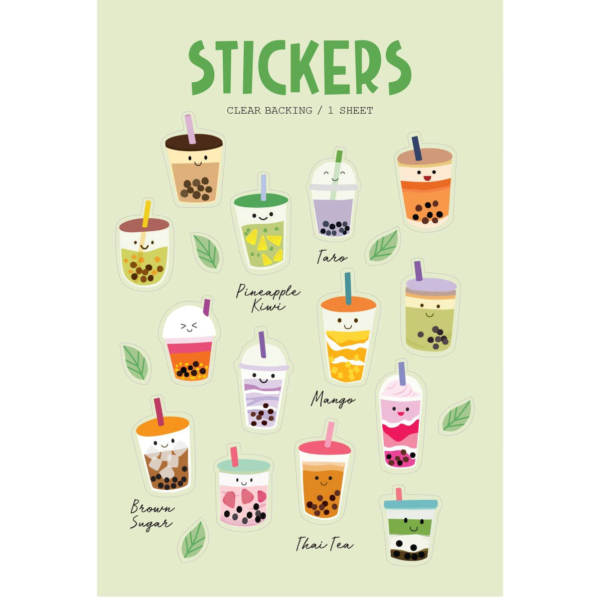 Sticker sheet with different flavors of boba