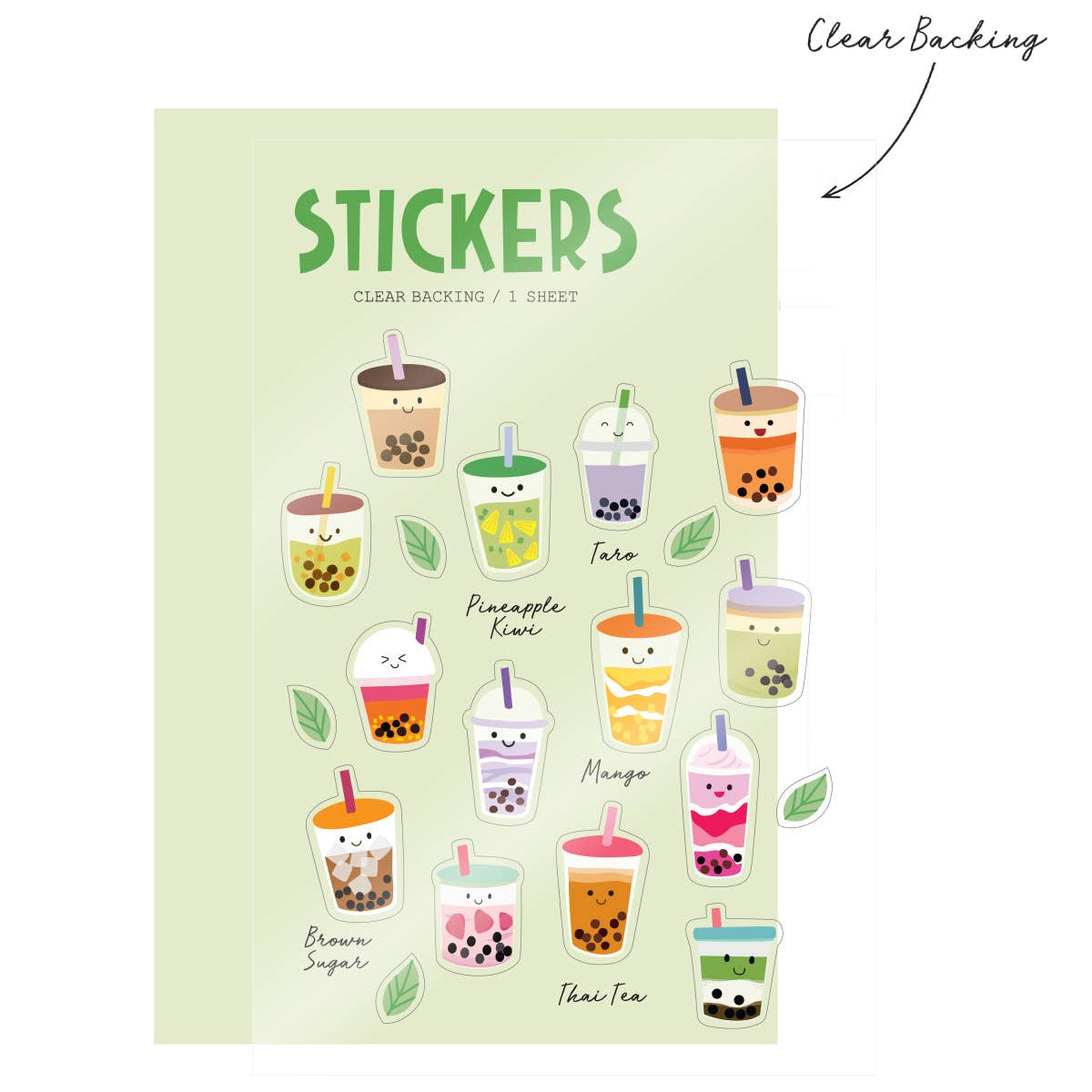 Sticker sheet with different flavors of boba