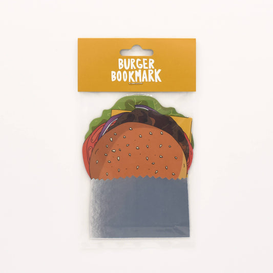 Burger-shaped bookmark in packaging with 'Burger Bookmark' label on a white background