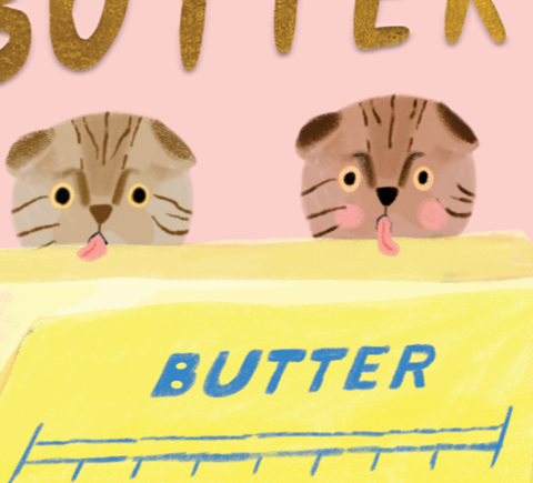 Illustration of two cats peeking over a stick of butter against a pink background.