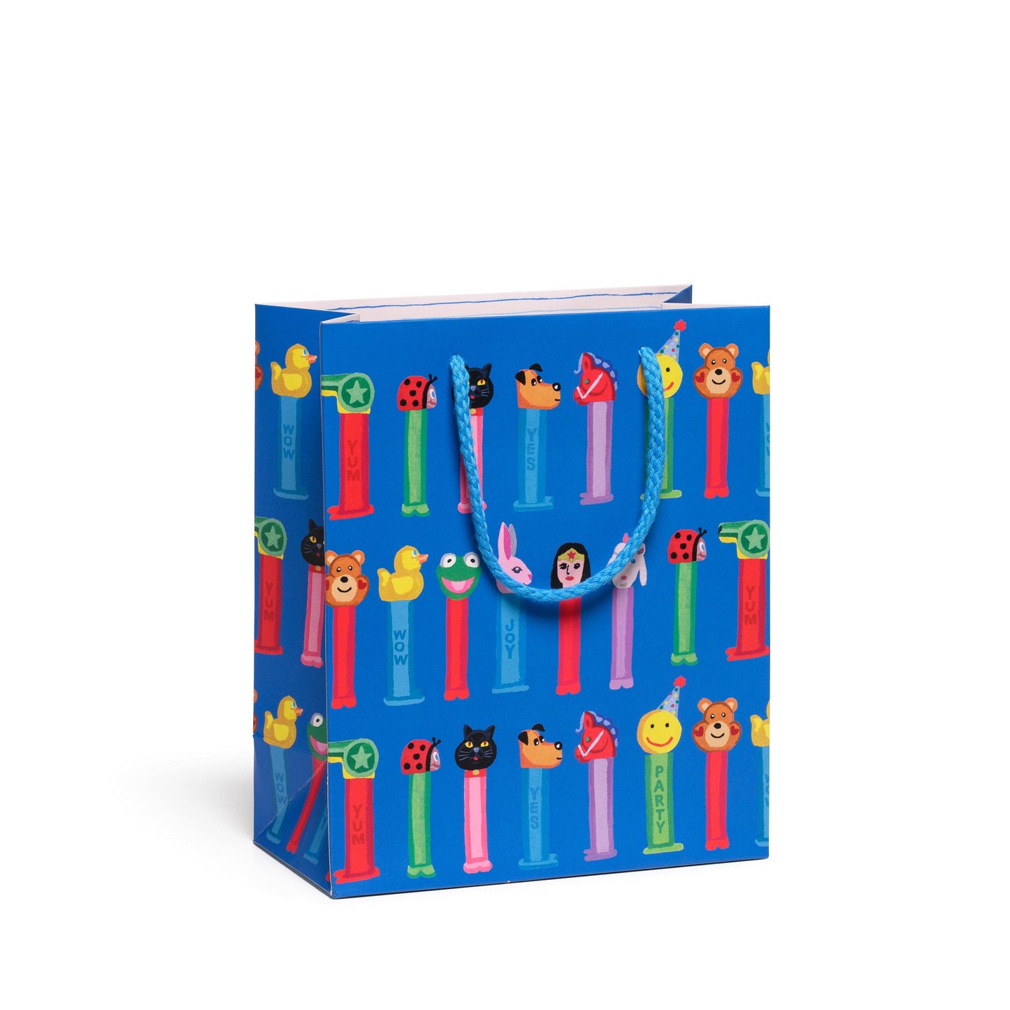Gift bag with colorful PEZ dispenser characters on a blue background