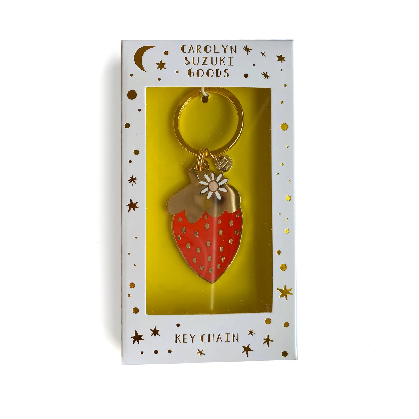 Gold, hard enamel keychain inside box packaging
