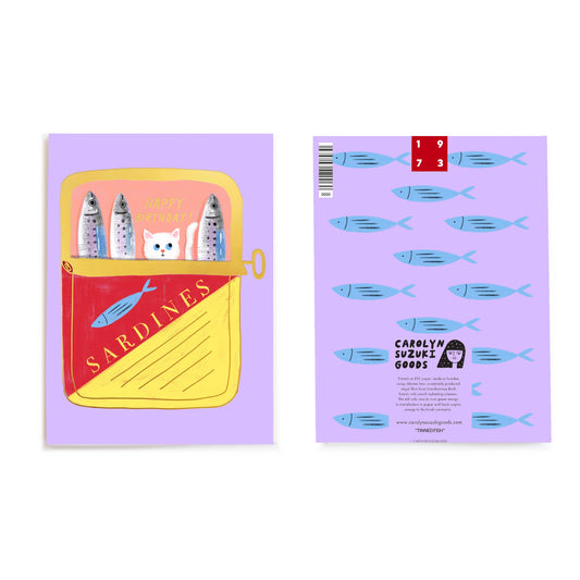 Imagery showing both fron and back designs of tinned fish birthday card