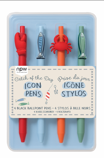 Set of four novelty pens with colorful animal-shaped tips in packaging