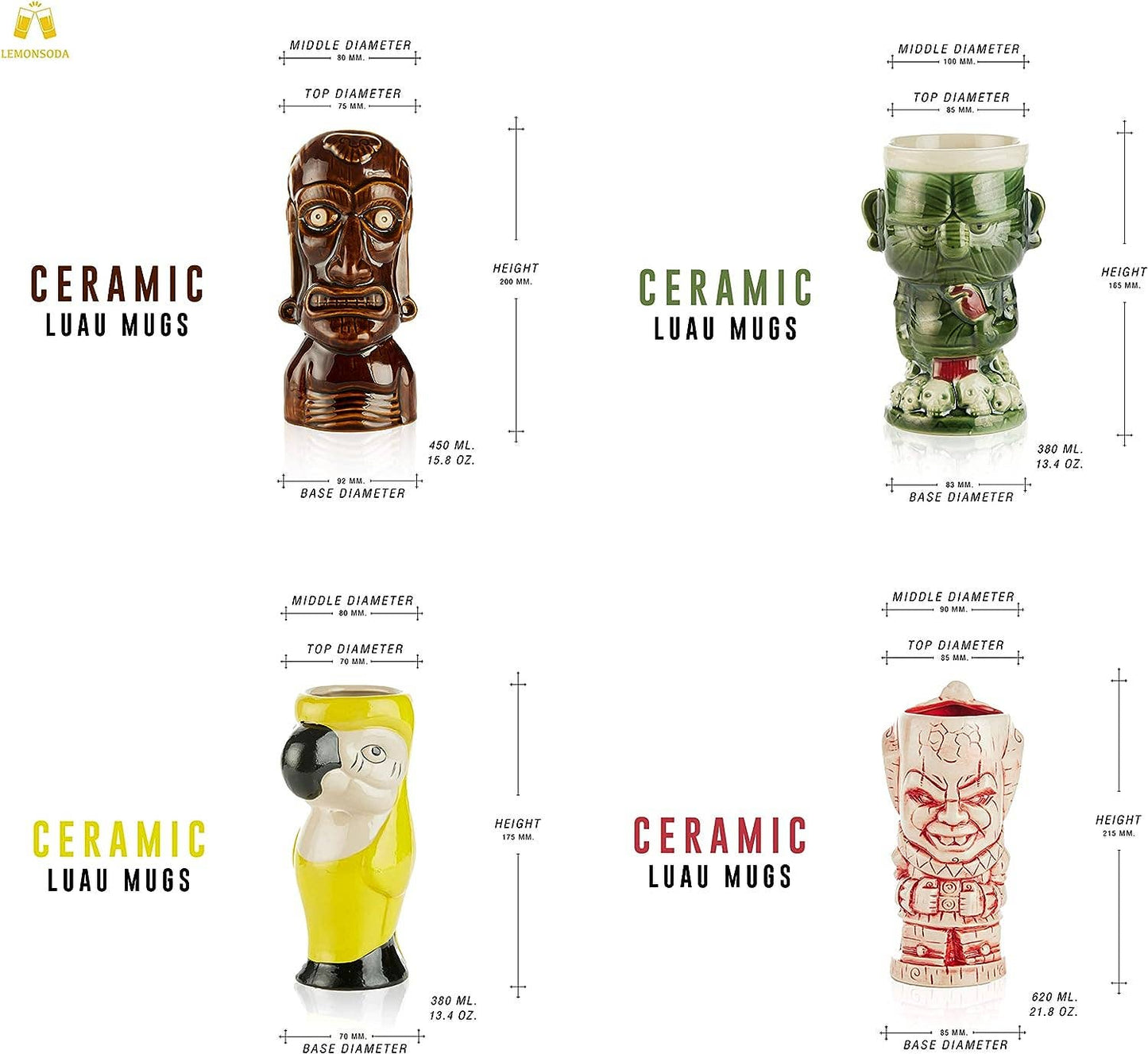 Ceramic luau mugs with measurements on a white background