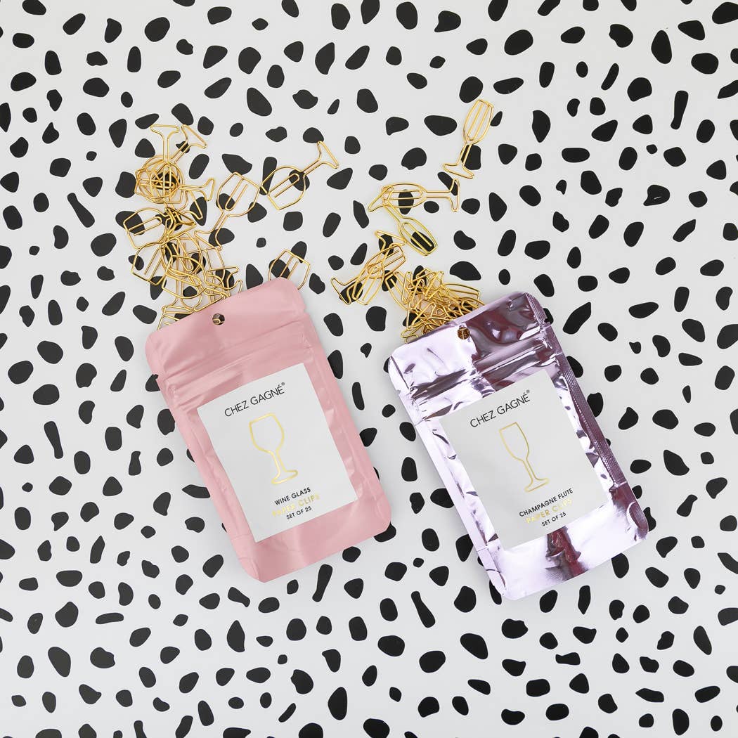 Two small packages of Chez Gagne branded paper clips on a patterned background