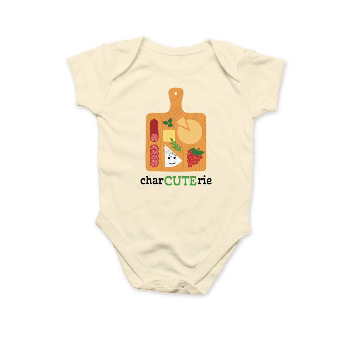 Beige baby onesie with a graphic of a charcuterie board and the word 'charCUTERie' on a white background.
