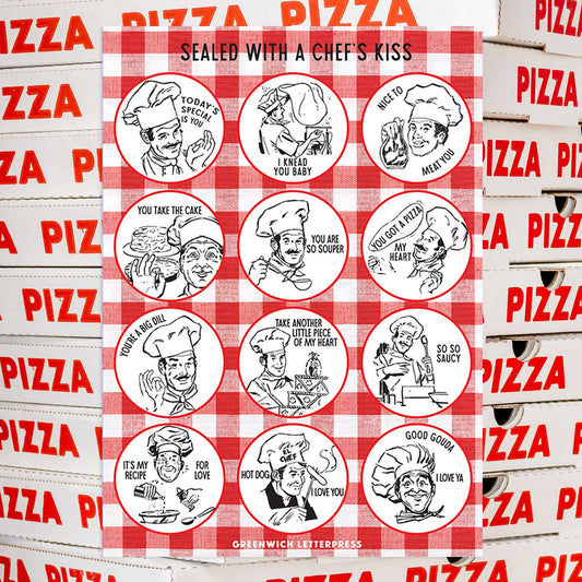 Pizza box backround with cartoon chef illustration stickers and text on a red and white checkered background