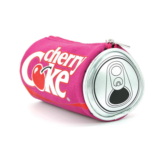Pink cherry Coke can-shaped pouch on a white background
