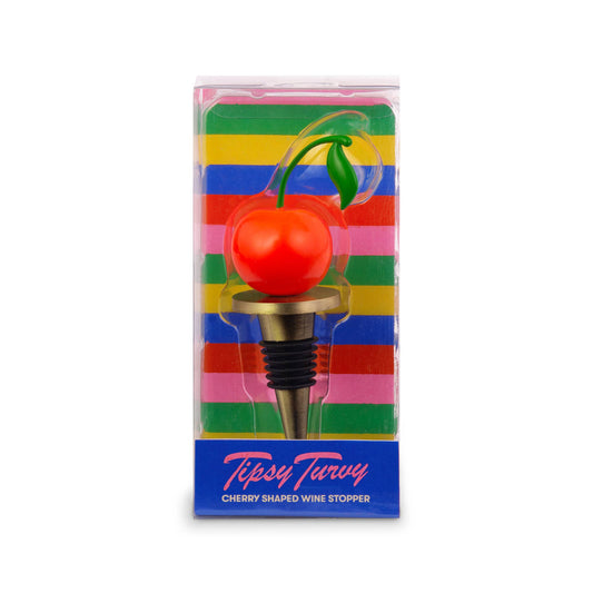 cherry topped wine stopper in plastic packaging