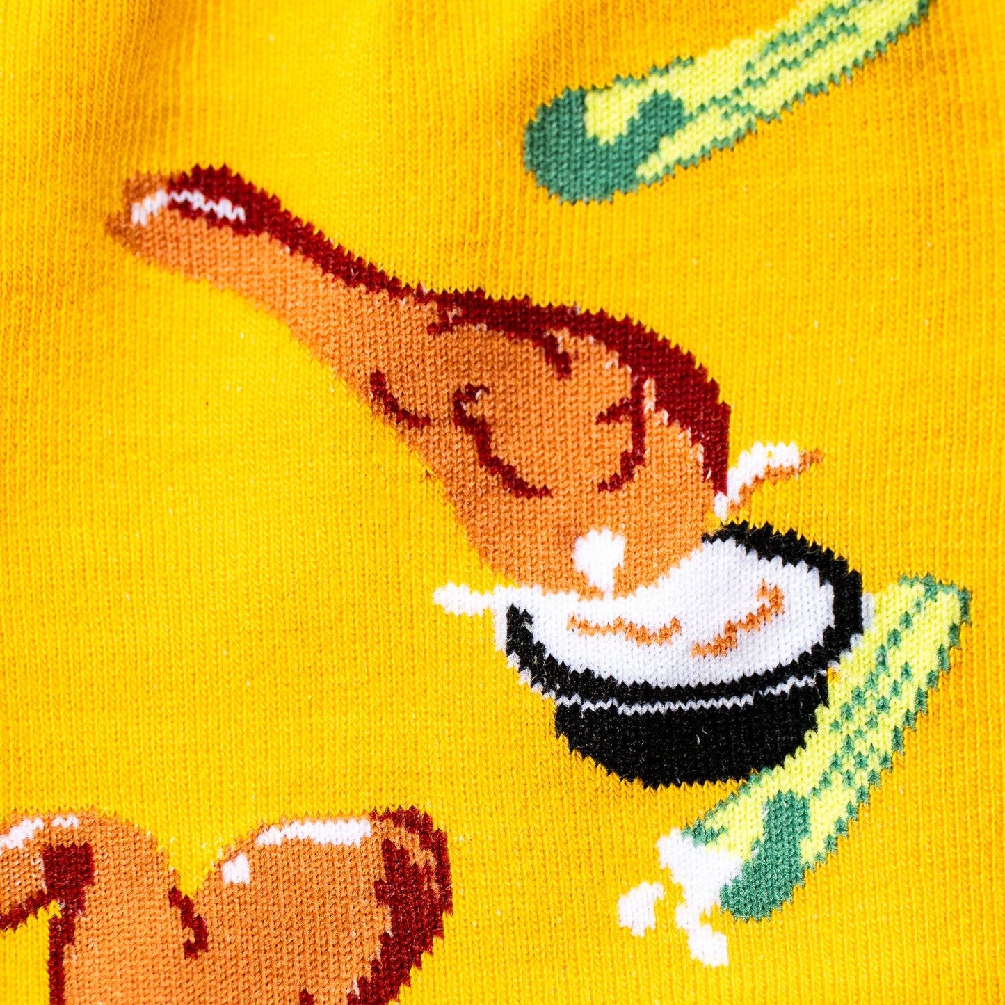 bright yellow socks with fried chicken wings, celery sticks and bleu cheese all over it