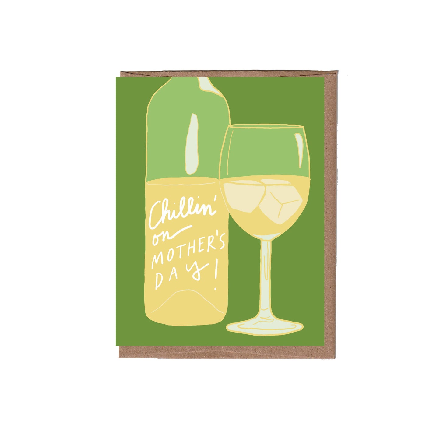 Card with illustration of a bottle and glass of white wine on a green background