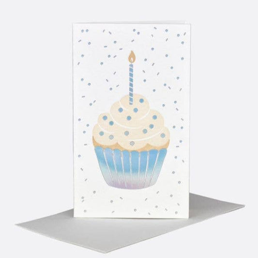 Mini note/greeting card designed with a blue cupcake with a candle on it. Includes foil confetti details